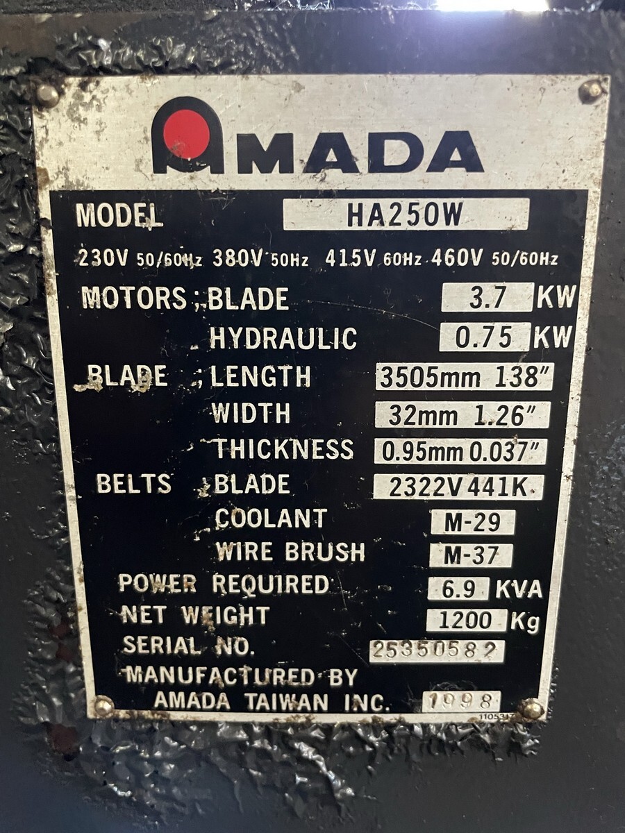 1998 AMADA HA-250W Horizontal Band Saws | Hindley Machine Tool Sales, LLC