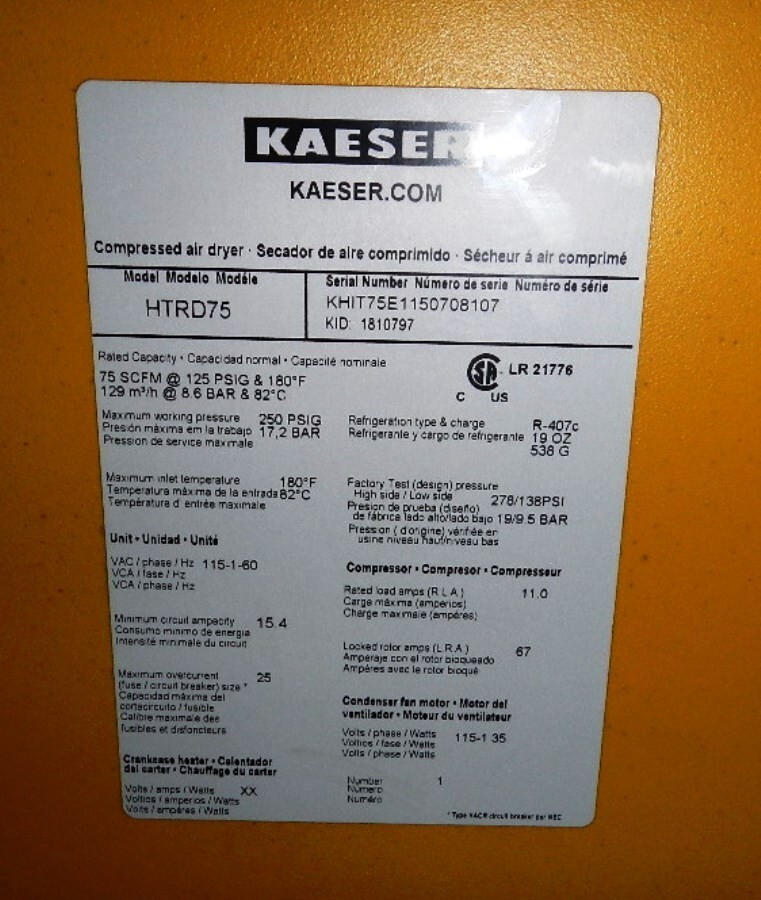 2008 KAESER HTRD 75 Refrigerated Air Compressor Dryers | Hindley Machine Tool Sales, LLC